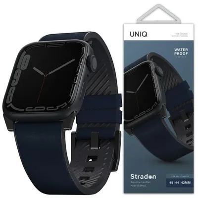 Produktbild von UNIQ Gürtel Straden Apple Watch Series    1/2/3/4/5/6/7/8/9/10/11/SE/SE2/SE3/Ultra/Ultra 2/Ultra 3 42/44/45/49mm. Leather Hybrid Strap Blau/blue