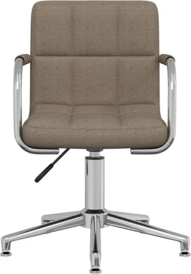 A front view of a taupe fabric office chair with a chrome base and armrests.