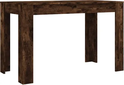 A dark brown wooden table with four legs, shown from the front against a white background.