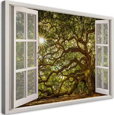 Produktbild von Leinwandbild Blick aus dem Fenster Baum Wald Natur 90x60 Feeby Grün bild für die wand bereit zum aufhängen