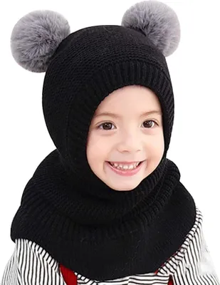 Produktbild von Warm Mütze und Schal Set für Jungen Mädchen 3-6 Jahre, Baby Beanie Stricken Wintermütze Warm Niedlich Schlupfmütze Kinder Bommelmütze Schalmütze Strickmütze mit Pompom,Schwarz