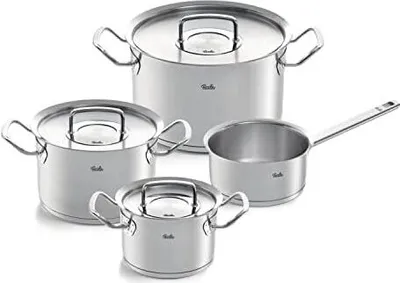 A set of four stainless steel pots and pans with lids, arranged on a white background.