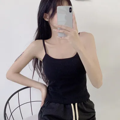 Produktbild von Damen-Tanktop, Spaghettiträger, schmale Passform, Camisole-Weste, ärmellos, gepolsterte Baumwolle, reine Farbe, atmungsaktiv, Schwarz, Einheitsgröße (88,2-143,3 lb)