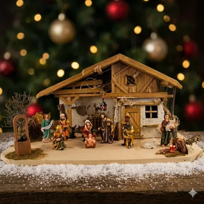 Produktbild von Wunderschöne Weihnachtskrippe Olbernhau inkl. 11-tlg. Figurensatz K 604, Maße Krippe: ca. 60m x 30 x 30 cm