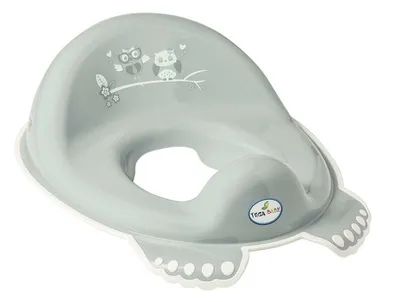 A gray baby toilet seat with owl graphics.