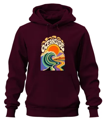 Productafbeelding van Oceanside Surf Wave Retro Pier Sunset Beach California Hoodie, bordeauxrood, maat XL