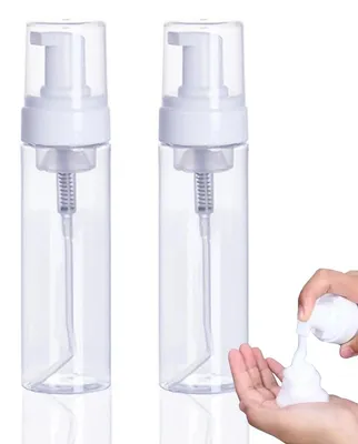 Zdjęcie produktu dla Pompa dozownik butelka podróżna 200 ml - Przezroczysta - Zestaw 2 szt. - Na szampon, mydło i balsam