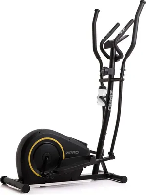 A black elliptical trainer with yellow accents, shown in a studio setting against a white background.