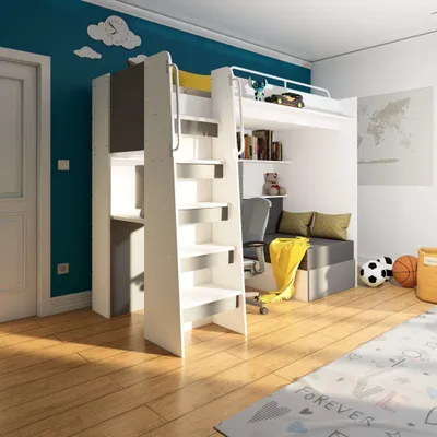 Produktbild von Marlux-Meble Hochbett JSM-7 90x200 TREPPE Links mit Schreibtisch Schränke und Ausklappbares Sofa 70x180 Matt Funktionsbett Etagenbett Stockbett Kinderhochbett Jugendhochbett (Graphit Matt)