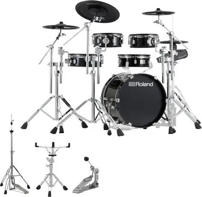 A Roland electronic drum kit with hardware, displayed on a white background.
