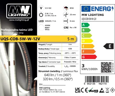 Obrázek produktu pro Profesionální COB LED pásky 5 m, 5 W, 6500 K, 12 V