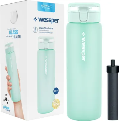 Obrázok produktu pre Fľaša na vodu s filtrom Wessper, fľaša z borosilikátového skla 680 ml, fľaša na vodu bez obsahu Bpa s filtrom na perlivé nápoje | Vonkajšia filtračná fľaša s aktívnym uhlím a mätovou slamkou