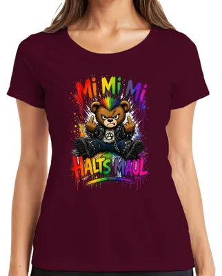 Immagine prodotto di Maglietta da donna, con scritta "Mi Mi Mi Halts Maul Bär Punk Rocker Regenbogen Statement", colore bordeaux, taglia L