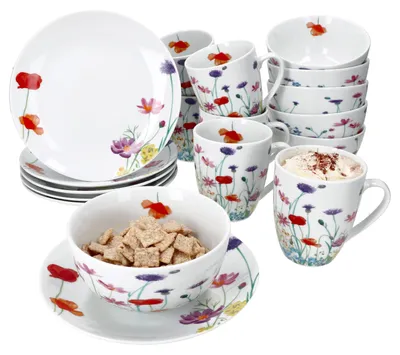 Produktbild von 12tlg Frühstücksset Marie Porzellan 6 Pers Teller Becher Schale Blumen