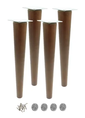 Four wooden furniture legs with metal tops, along with screws and felt pads, are arranged on a white background.