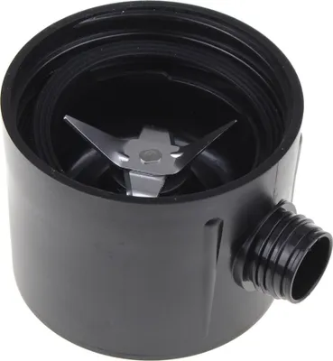 A close-up view of a blender blade assembly with a threaded connection.