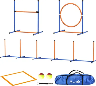 Produktbild von Hundeparcours-Set mit Reifen, Hürde und Slalom, 352x66x69 cm, Blau-Rot