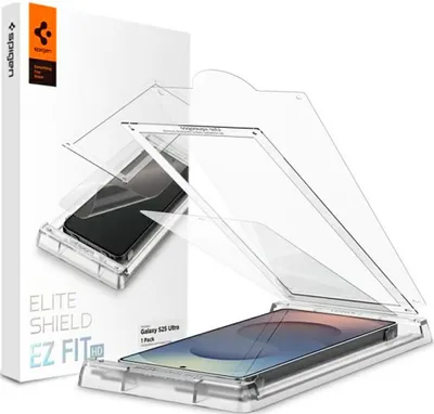 A Spigen Elite Shield ez Fit HD screen protector for a Samsung Galaxy S25 Ultra is shown with its packaging and an installation jig.