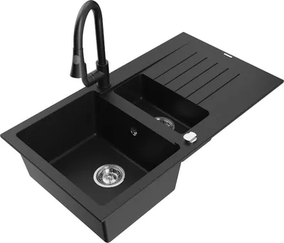 Produktbild von Mexen Matias 1,5-Becken-Granitspüle mit Abtropffläche und Mischbatterie Elia, Schwarz - 6502-77-670101-70