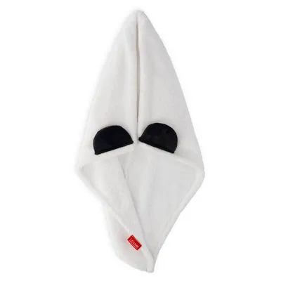 A white microfiber hair towel with black panda ears.