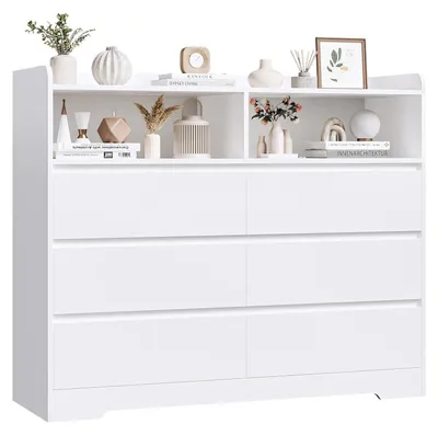 Immagine prodotto di Comodino per camera da letto - Credenza / Armadio portabiancheria - 6 cassetti, 2 ripiani, legno, 120x40x100 cm, stile moderno minimalista - Bianco