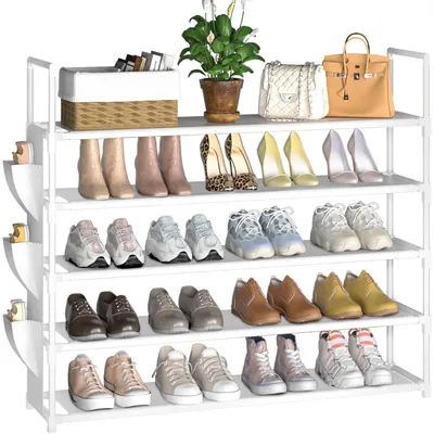 Immagine prodotto di Scaffale per scarpe a 5 ripiani, bianco, organizer per scarpe per 20-25 paia, salvaspazio, stabile