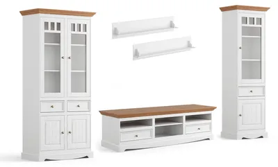 Produktbild von Wohnwand Belluno Elegante Anbauwand 5-teilig Massivholz gebeizt Farbe wählbar,Kiefer weiß lackiert / Kiefer gebeizt, Eichefarben