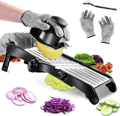 Produktbild von Famanu Gemüsehobel - Verstellbarer professioneller Julienne-Hobel für Kartoffeln, Gurken, Zwiebeln - Sicherheits-Handschuhe & Reinigungsbürste