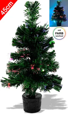 A small, artificial Christmas tree with LED lights in a pot.