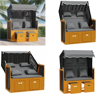 Produktbild von vidaXL Strandkorb mit Kissen Poly Rattan Massivholz Schwarz Anthrazit - Strandkorb - Strandkörbe - Sonnenliege - Strandliege