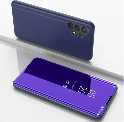 A dark blue phone case is shown in the background, and a purple flip case with a clear view screen is in the foreground.