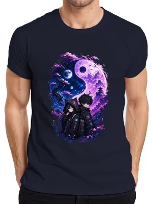 Zdjęcie produktu dla Koszulka męska z motywem anime, techwear, yin yang, japońska estetyka, kolor fioletowy, styl Y2K, motywy z mangi, dla fanów anime (otaku), kolor granatowy, rozmiar M