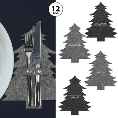 Produktbild von Besteckhalter Tannenbaum 12er Set Filz hell/dunkelgrau Weihnachtsbaum Baum Bestecktasche