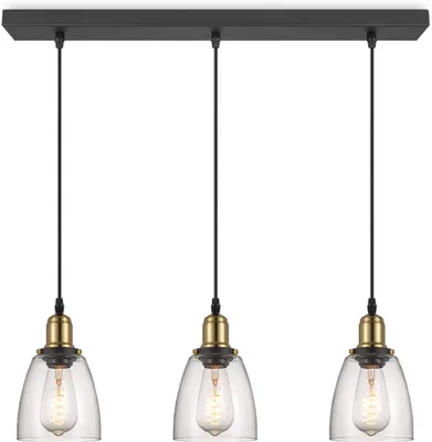 Image de Suspension industrielle à 3 abat-jour en verre, style loft, noire, diamètre 65 cm, hauteur 128 cm