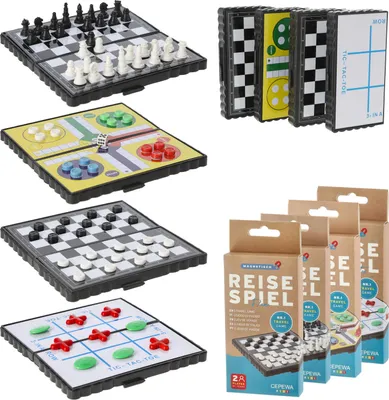 Produktbild von Reisespiele 4er Set magnetisch Kunststoff 13x13cm Dame Schach TicTacToe Ludo Miniatur-Brettspiele faltbar einzeln verpackt