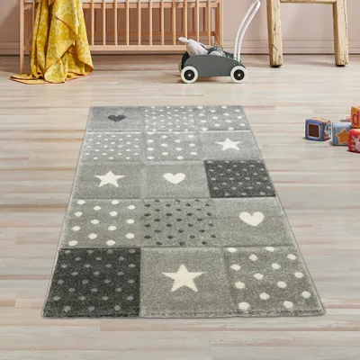 Produktbild von Kinderzimmer Teppich Herz Stern creme schwarz grau Größe - 80 x 150 cm