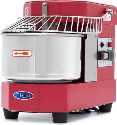 A red dough mixer with a silver bowl and a metal safety guard.