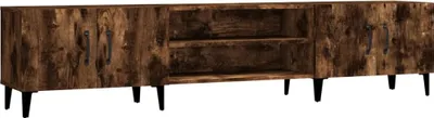 A long, low TV stand with a rustic wood finish and black legs, presented against a white background.