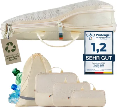 Produktbild von TRAVEL DUDE Packwürfel Set mit Kompression aus recycelten Plastikflaschen | Leichte Packing Cubes | Packtaschen Set (Sand Beige, 4-teilig)