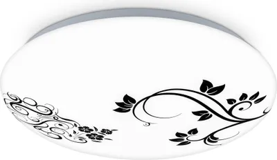 A white round ceiling light with a black floral design.