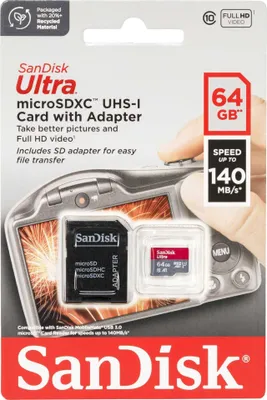 Image de SanDisk Ultra microSDHC 64GB 140MB/s.Adapt.SDSQUAB-064G-GN6IA