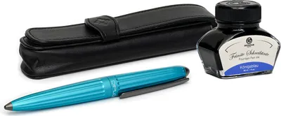 Produktbild von Diplomat Aero Füllfederhalter-Set in Türkis, Edelstahlspitzen in M, mit Füllfederhaltertinte in Königsblau und Etui aus echtem Leder