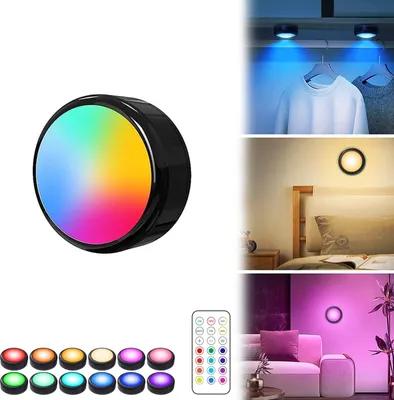 Obrázok produktu pre Dotykové bodové svietidlá RGB, 16 farieb, s možnosťou stmievania, 1 ks, osvetlenie spodnej časti skrine, na batérie, skrinkové svietidlá na batérie, časovač s diaľkovým ovládaním, ako núdzové osvetlenie, čierne
