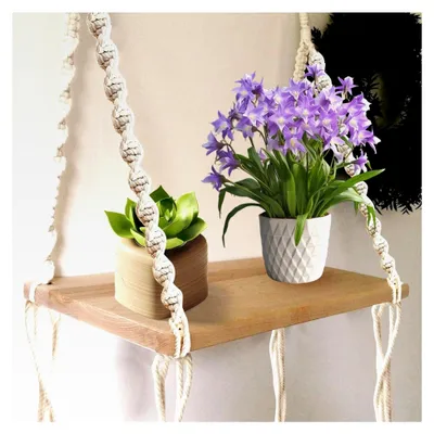 Produktbild von 2er Makramee Wandregal aus Holz, Hängeregal im Boho-Stil ohne Bohren, Wanddeko mit Baumwollseil, Makramee Wandbehang für Wohnzimmer, Schlafzimmer, Badezimmer