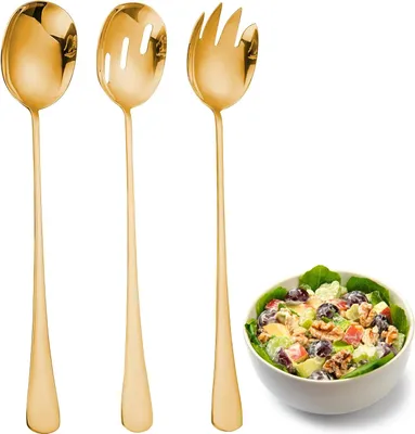 Imagen del producto de Juego de cubiertos para ensalada, de acero inoxidable, de 3 piezas: cuchara para ensalada, tenedor para ensalada y servidor para ensalada, ideal para la cocina