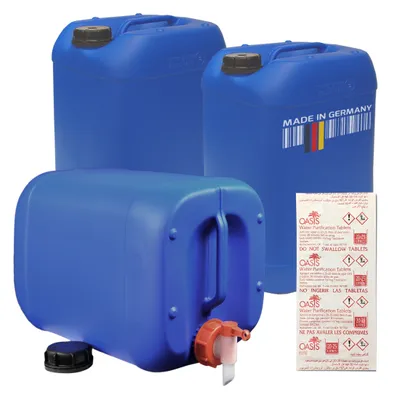 Produktbild von 3x 25 Liter Getränke- Wasserkanister mit 1 Hahn und 3 Schraubdeckel (DIN 61) +1x10 Wasseraufbereitungstabletten | Lebensmittelecht | BPA Frei | Tragbar | Indoor und Outdoor | Blau