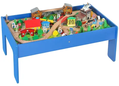 Image de Ensemble de train électrique en bois comprenant 108 pièces, avec table de jeu | Couleur : Bleu | Dimensions : 60,5 x 98 x 40 cm