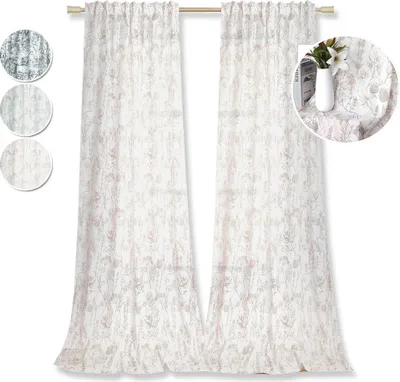 Image de lot de 2 rideaux blancs, opaques fronceurs Imprimé Rideau, Coton Rideau Pour Salon Chambre, 132x160cm