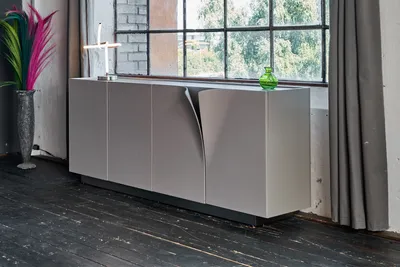Produktbild von KAWOLA Sideboard EMMA Kunstleder grau Fuß Edelstahl gebürstet