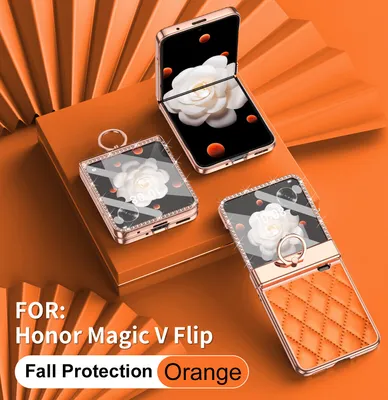 Obrázek produktu pro Kožené pouzdro na Honor Magic V Flip s držákem na prsten, blyštivé ochranné pouzdro s ochranou pantu Pomerančový